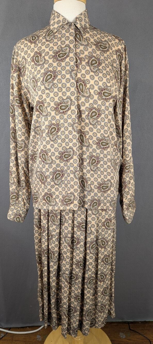 Vintage Oxford & Lofton Skirt Suit Set Womens 6 Tan Paisley Rayon Pleated